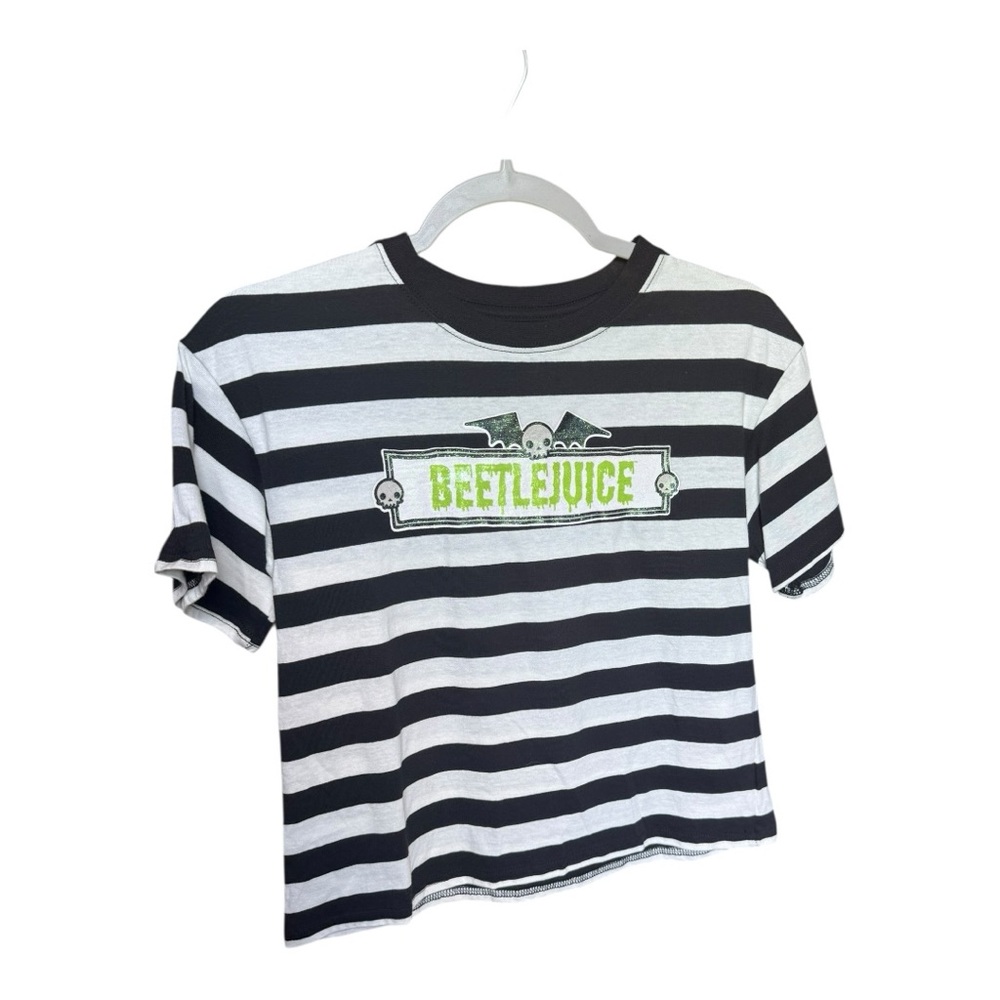 Beetlejuice Black & White Striped Glitter Skull Short Sleeve Tee Size Small - Picture 2 of 6